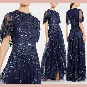 NWT MAC DUGGAL [‎ 18 ] 9192 Sequined High Neck Flutter Sleeve A Line Gown Blue
